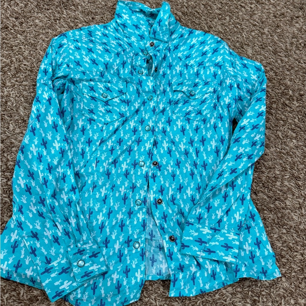 Blue Cactus Print Button-Up Shirt